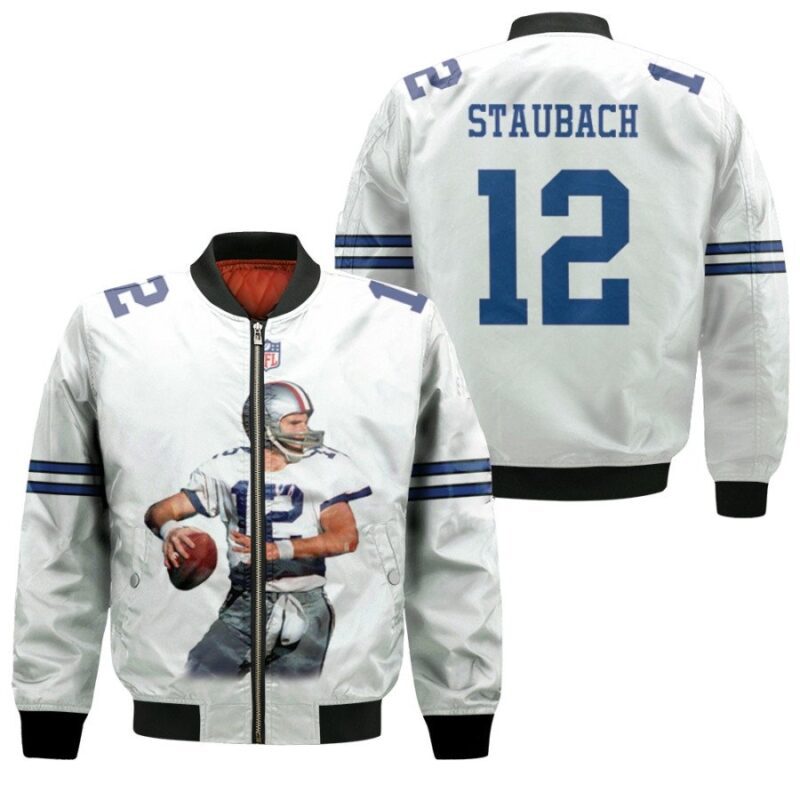 Dallas Cowboys Roger Staubach 12 NFL Great Player White Gift For Cowboys Fans Bomber Jacket BJ03489