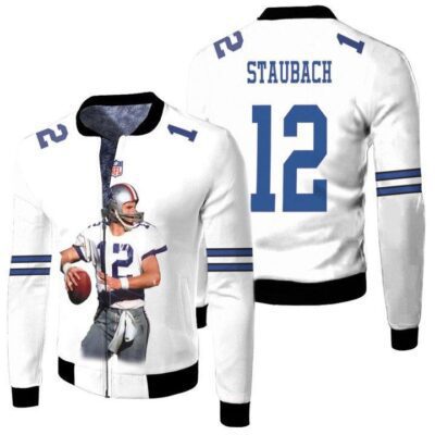 Dallas Cowboys Roger Staubach 12 NFL Great Player White Gift For Cowboys Fans Fleece Bomber Jacket