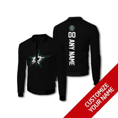Dallas Stars #00 Personalized Black Jersey Style Gift With Custom Number Name For Stars Fans Fleece Bomber Jacket