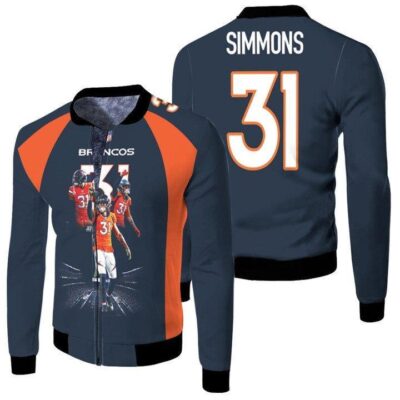 Denver Broncos Justin Simmons 31 NFL Legends Best Player Navy Gift For Broncos Fans Fleece Bomber Jacket