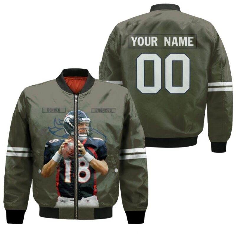 Denver Broncos Peyton Manning 18 NFL Great Player Olive 3D Personalized Gift With Custom Number Name For Broncos Fans Bomber Jacket BJ04250