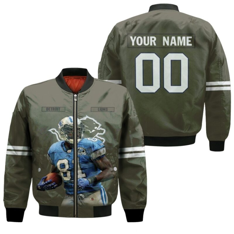 Detroit Lions Calvin Johnson 81 NFL Great Player Olive 3D Personalized Gift With Custom Number Name For Lions Fans Bomber Jacket BJ04185