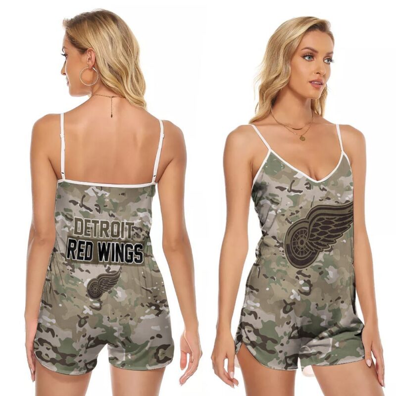 Detroit Red Wings Camouflage Veteran US flag 3d designed for Detroit Red Wings fan V-neck Romper Jumpsuit RJ01359