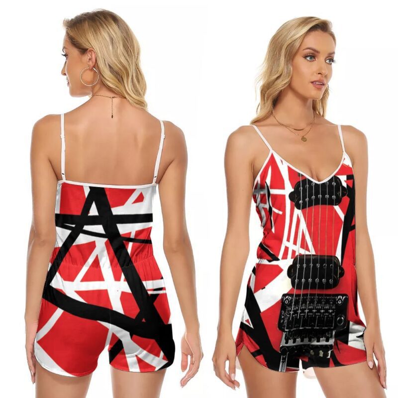 Eddie van halen frankenstrat guitar design pattern 3d designed for Eddie van halen fan V-neck Romper Jumpsuit RJ01144