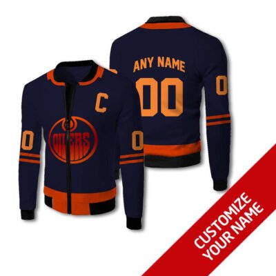 Edmonton Oilers #00 Personalized Navy Blue Jersey Style Gift With Custom Number Name For Oilers Fans Fleece Bomber Jacket