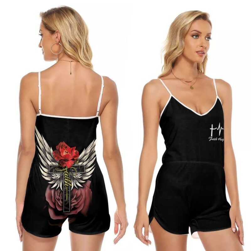 Faith Hope Love Rose Cross Lamb Angel Wings God Gift For Jesus Lovers Religious Culture Enthusiasts 1 V-neck Romper Jumpsuit RJ00697