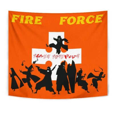 Fire Force Anime Tapestry Characters Silhouette Fighting Orange Yellow Text Tapestry Wall Hanging