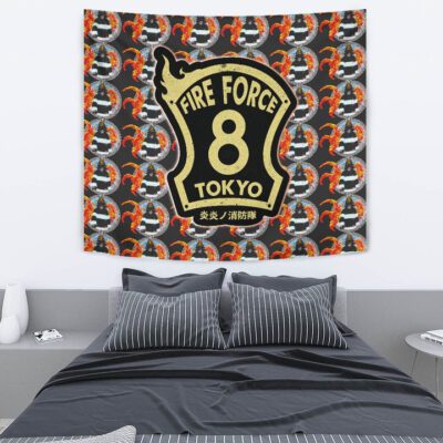 Fire Force Anime Tapestry Shinra Kusakabe Silhouette Evil Smile In Fire Patterns Tapestry Wall Hanging 2 Fire Force Anime Tapestry Shinra Kusakabe Silhouette Evil Smile In Fire Patterns Tapestry Wall Hanging 2