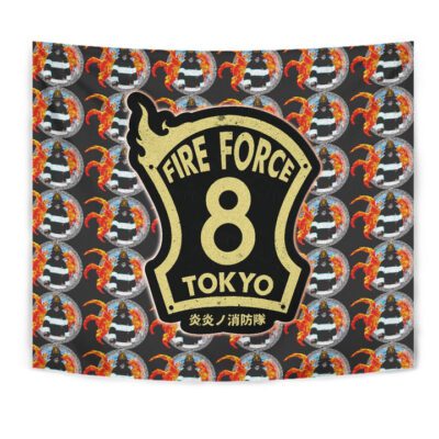 Fire Force Anime Tapestry Shinra Kusakabe Silhouette Evil Smile In Fire Patterns Tapestry Wall Hanging