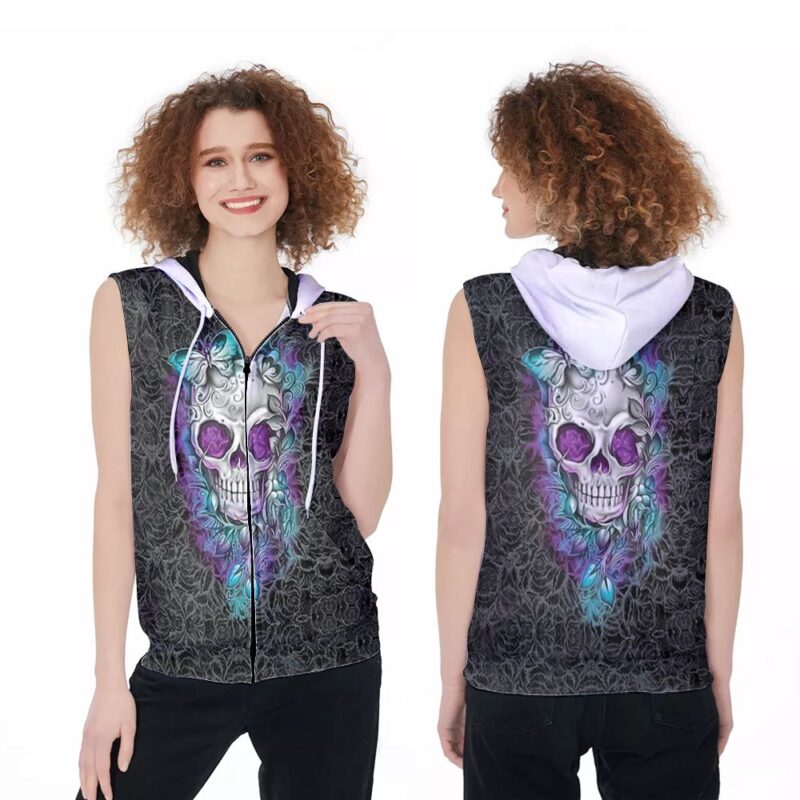 Flower skull day of the dead festival butterflies 3d designed for skull lovers Zip Sleeveless Hoodie ZSH1322