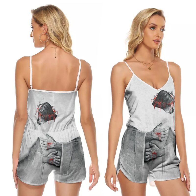 Give Me A Hug Jesus Gift For God Christian Jesus Lovers Religious Culture Enthusiasts 1 V-neck Romper Jumpsuit RJ00626