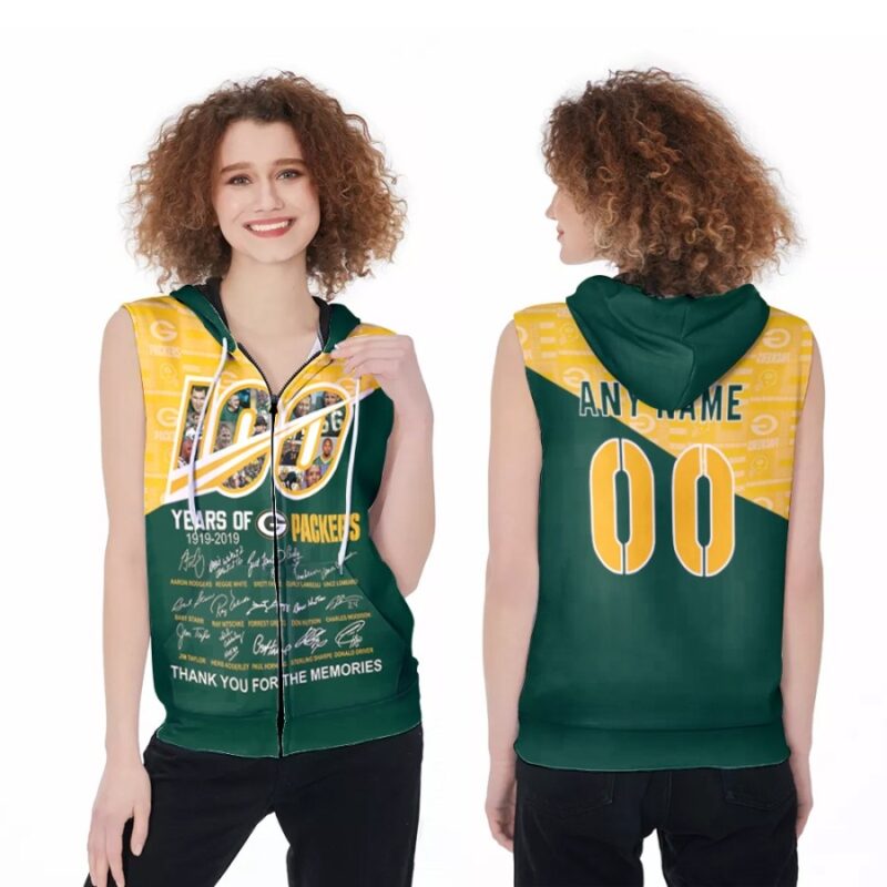 Green Bay Packers 100 Years 1919 2019 Thank You For The Memories Signatures NFL 3D Custom Name Number For Packers Fans Zip Sleeveless Hoodie ZSH1973