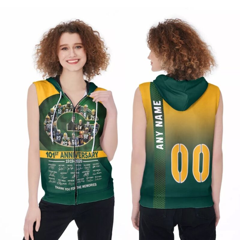 Green Bay Packers 101st Anniversary Thank You For The Memories Signature NFL 3D Custom Name Number For Packers Fans Zip Sleeveless Hoodie ZSH1892