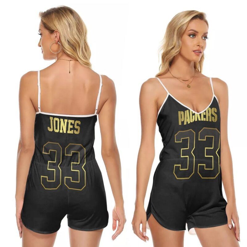 Green Bay Packers Aaron Jones 33 Black Golden Edition Vapor Gift For Packers Fans V-neck Romper Jumpsuit RJ00735