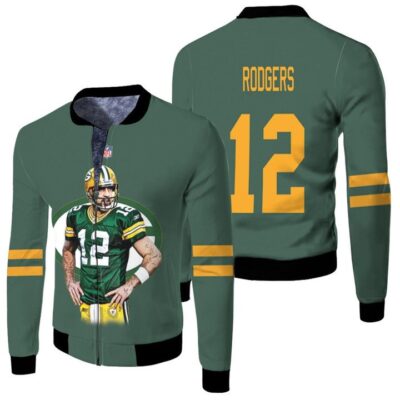 Green Bay Packers Aaron Rodgers 12 NFL Best Legends Green Gift For Packers Fans Fleece Bomber Jacket