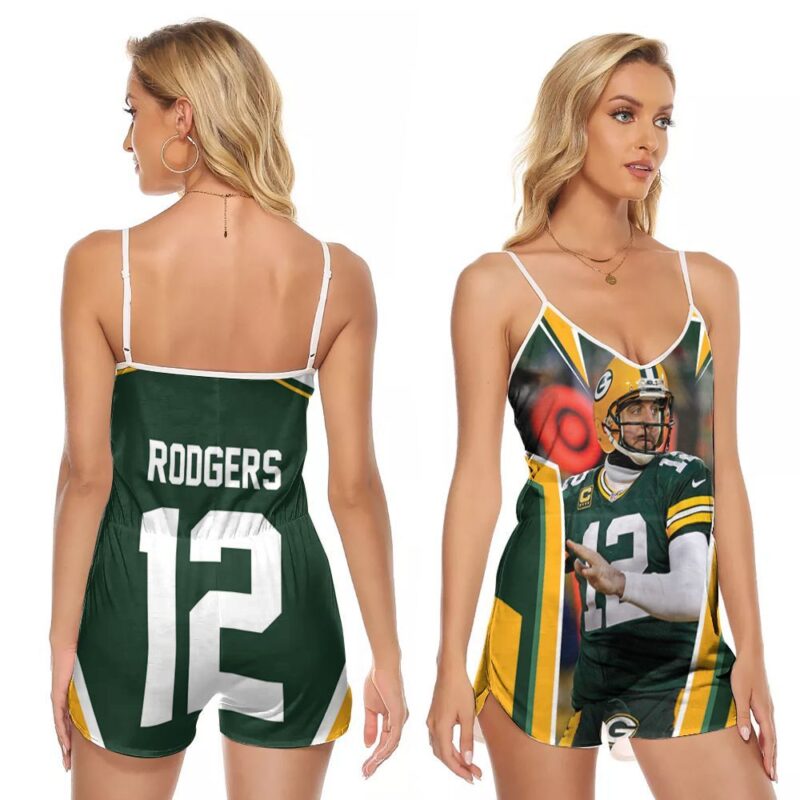 Green Bay Packers Aaron Rodgers Legend 12 NFL American Football Green Gift For Packers Fans V-neck Romper Jumpsuit RJ00648