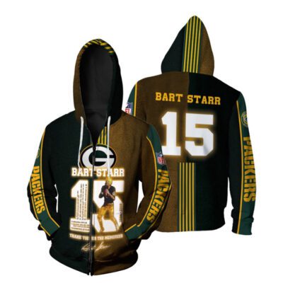 Green Bay Packers Bart Starr 15 Thank You For The Memories Signature Legendary Captain NFL 3D Gift For Packers Fans Zip Hoodie ZH01435