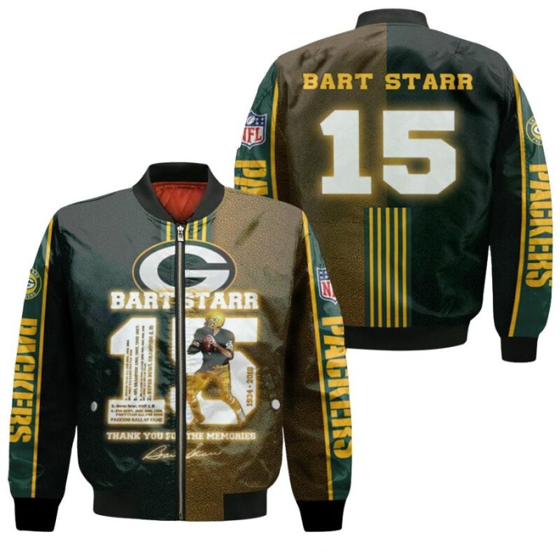 Green Bay Packers Bart Starr 15 Thank You For The Memories Signature Legendary Captain NFL Gift For Packers Fans Bomber Jacket BJ01040