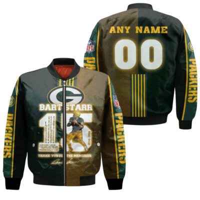 Green Bay Packers Bart Starr 15 Thank You For The Memories Signature NFL Gift With Custom Name Number For Packers Fans Bomber Jacket BJ01053
