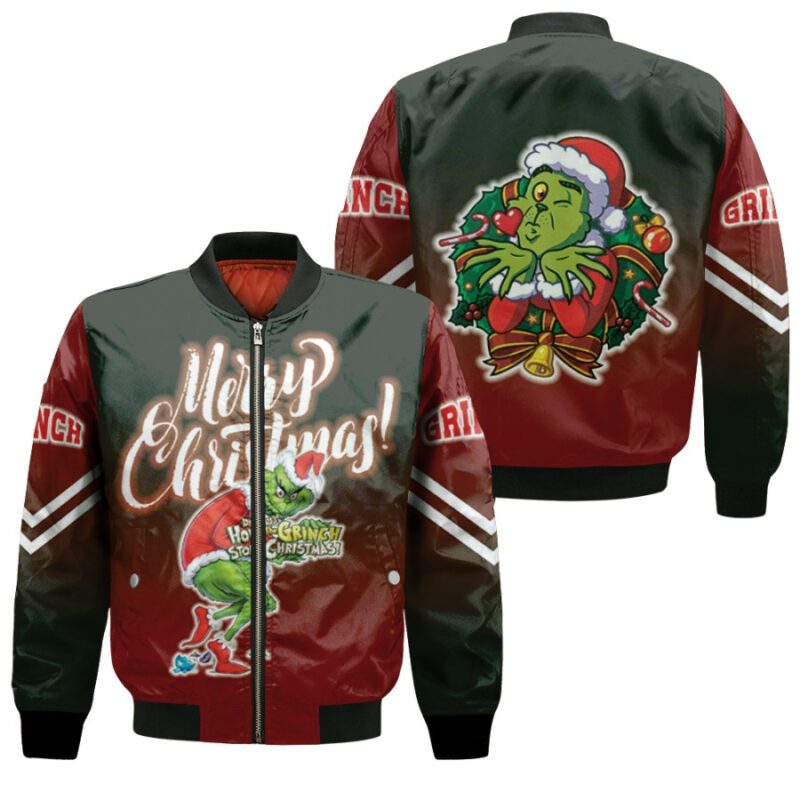 Grinch Christmas Merry Christmas Grinch Santa Claus Wreath Christmas Gift For Grinch Fans Christmas Fans Bomber Jacket BJ01429