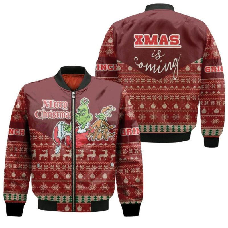 Grinch Christmas XMas Is Coming Merry Christmas Deer Tree Pattern 3D Allover Gift For Grinch Fans Christmas Fans Bomber Jacket BJ01653