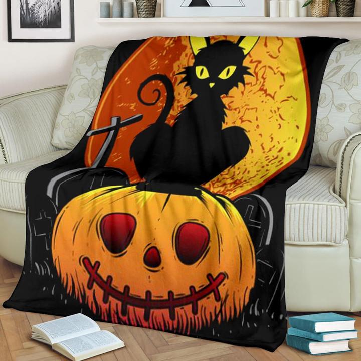 Halloween Fleece Blanket – Black Cat On Pumpkin RIP Yellow Moon Fleece ...