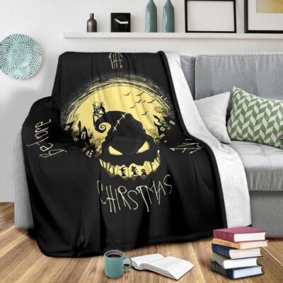 Halloween Fleece Blanket Jack Skellington On Hill Oogie Boogie Hat Silhouette Fleece Blanket 2