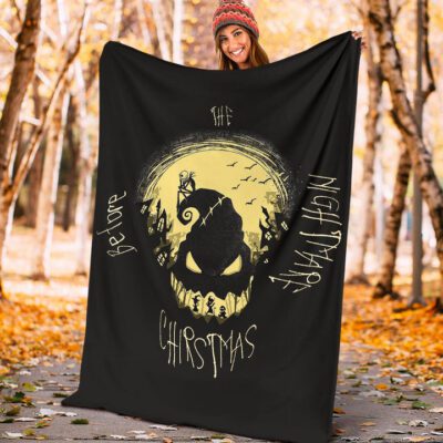 Halloween Fleece Blanket Jack Skellington On Hill Oogie Boogie Hat Silhouette Fleece Blanket 3
