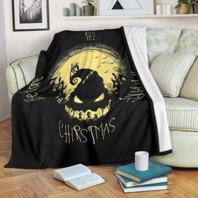 Halloween Fleece Blanket - Jack Skellington On Hill Oogie Boogie Hat Silhouette Fleece Blanket
