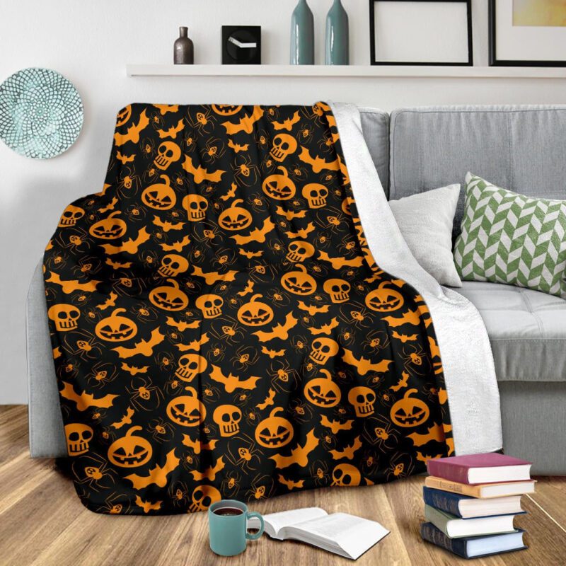 Halloween Fleece Blanket Orange Pumpkin Skull Bat Spider Symbols Fleece Blanket 2
