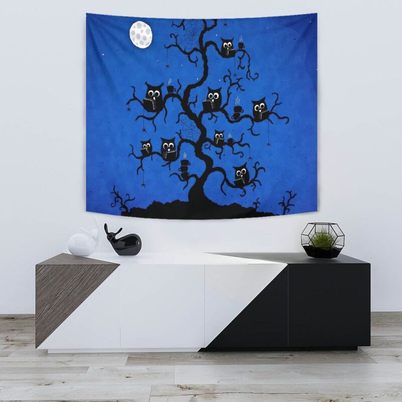 Halloween Tapestry Black Owl On Tree Branch At Night Tapestry Wall Hanging 1