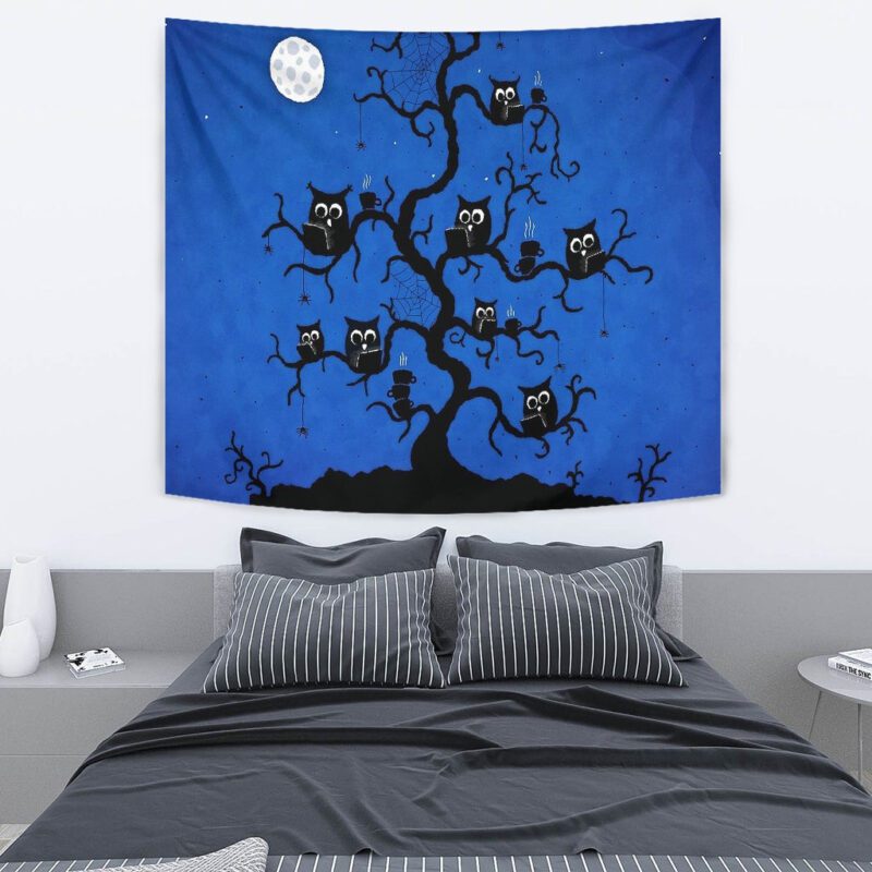 Halloween Tapestry Black Owl On Tree Branch At Night Tapestry Wall Hanging 2