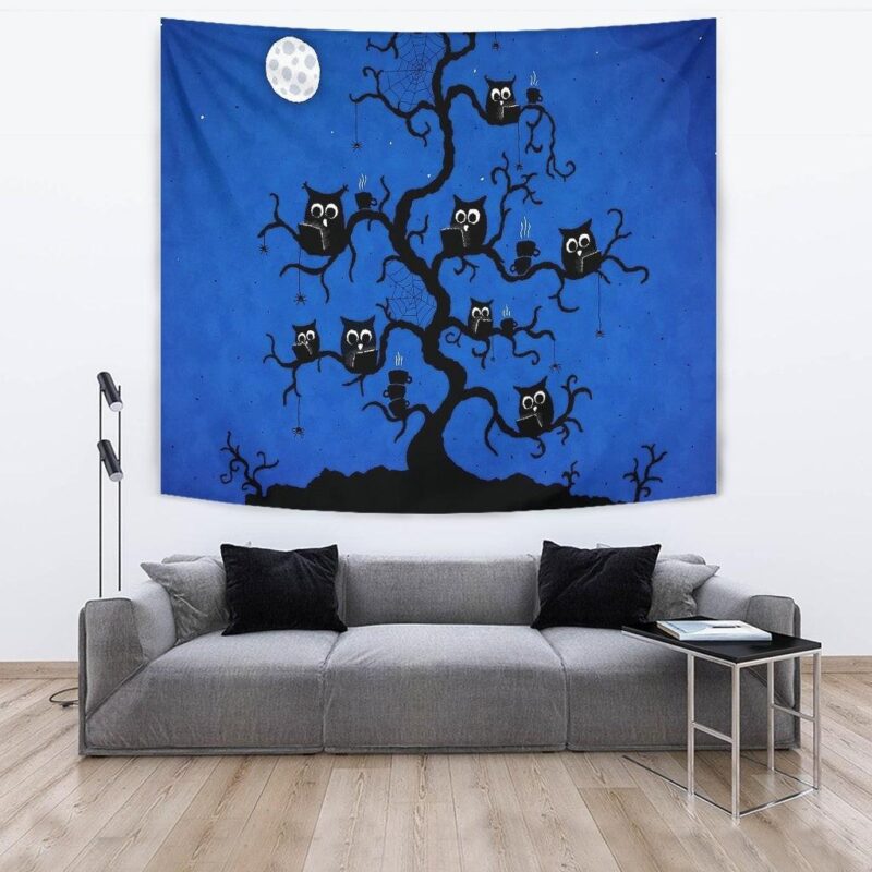 Halloween Tapestry Black Owl On Tree Branch At Night Tapestry Wall Hanging 3