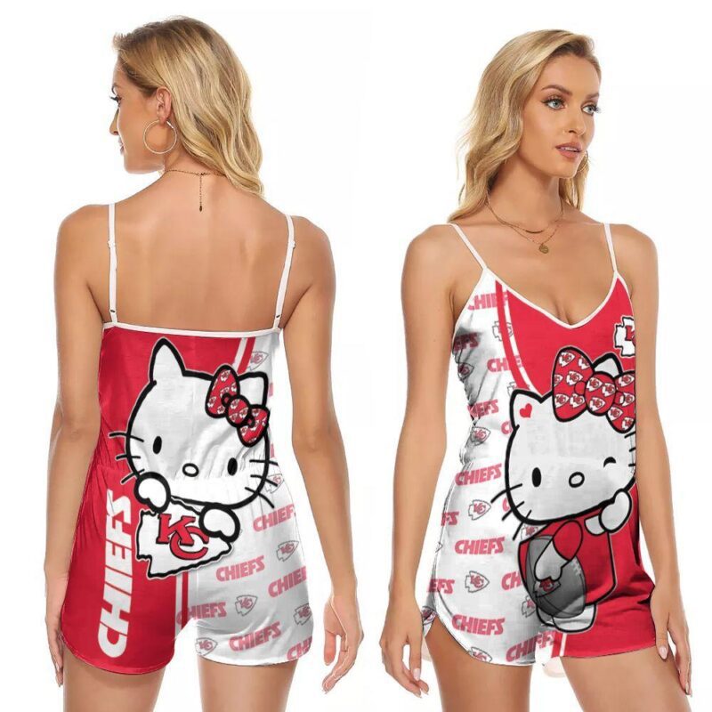 Hello Kitty Hug Kansas City Chiefs Logo 3d designed for Kansas City Chiefs fan V-neck Romper Jumpsuit RJ00816