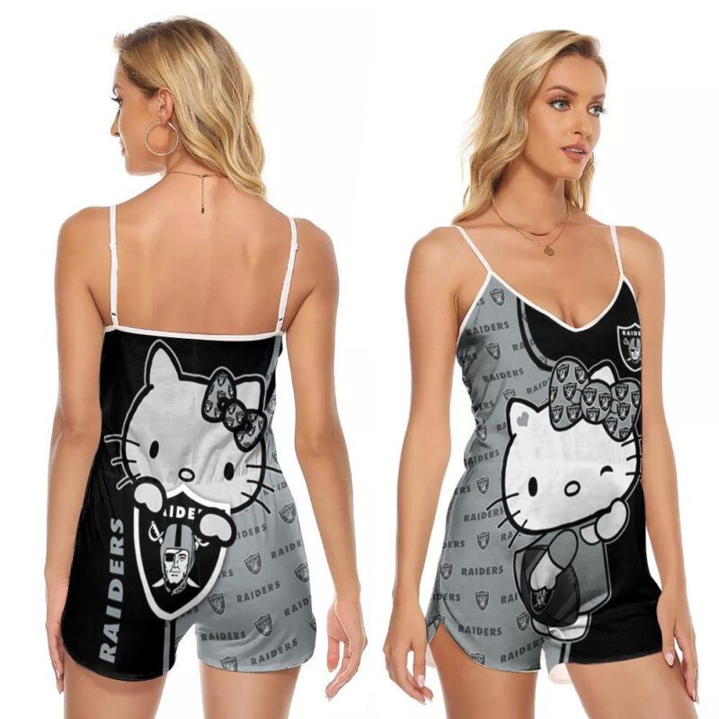 Hello Kitty Oakland Raiders NFL Football Team Logo Gift For Raiders Fans Hello Kitty Lovers V-neck Romper Jumpsuit RJ01246