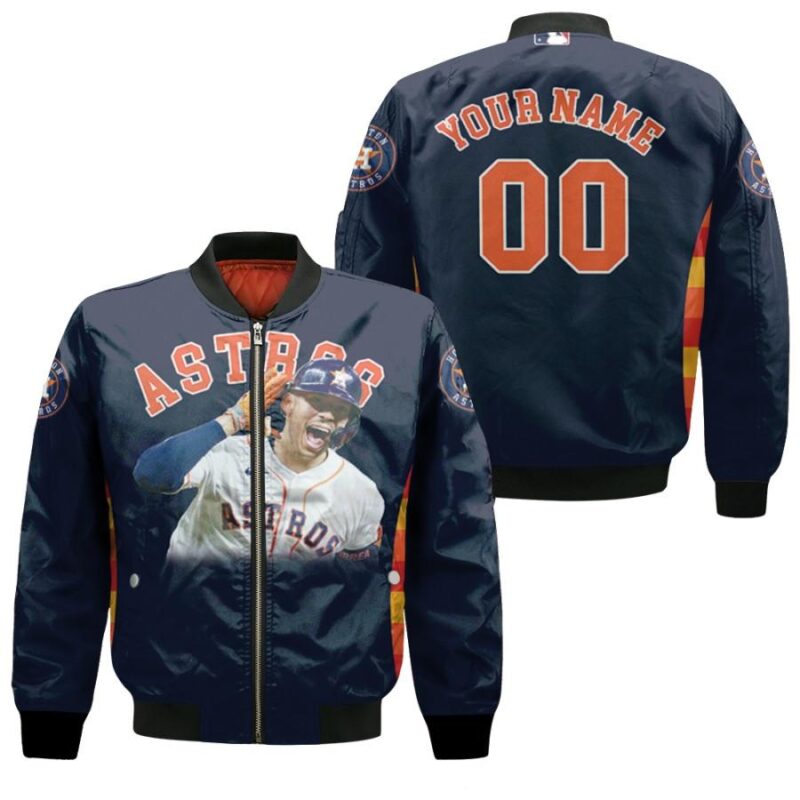 Houston Astros Carlos Correa 1 MLB Great Player 2019 Navy 3D Personalized Gift With Custom Number Name For Astros Fans Bomber Jacket BJ04199