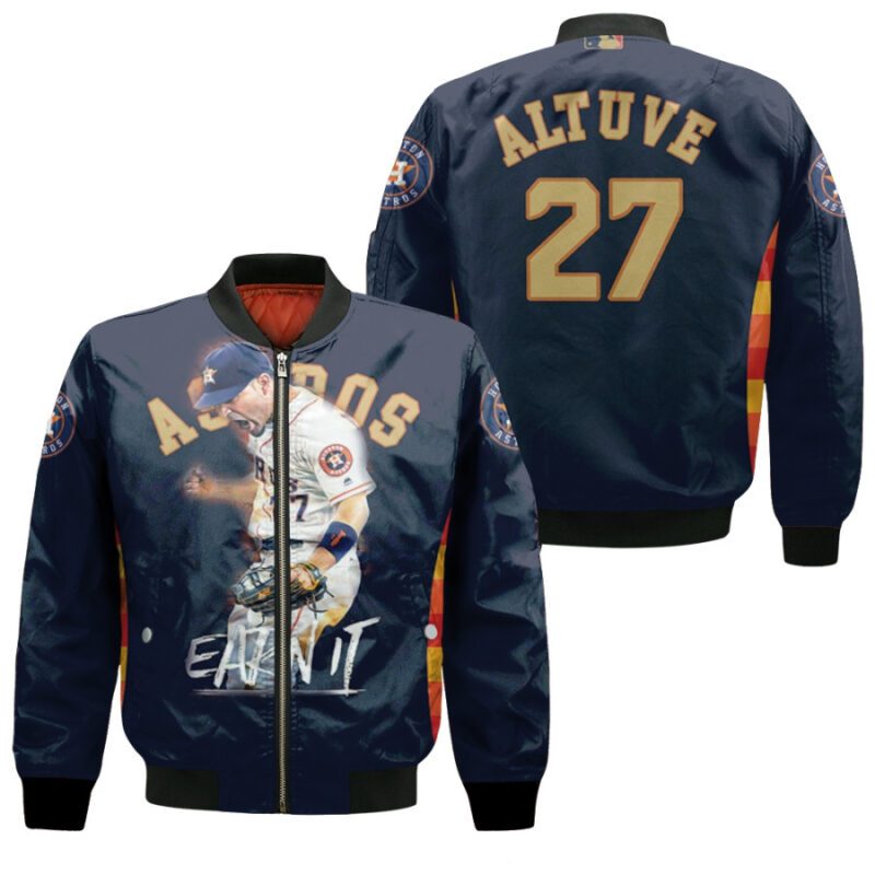 Houston Astros Jose Altuve 27 2017 MLB Baseball Championship Gold Edition Dark Blue Gift For Astros Fans Bomber Jacket BJ00412