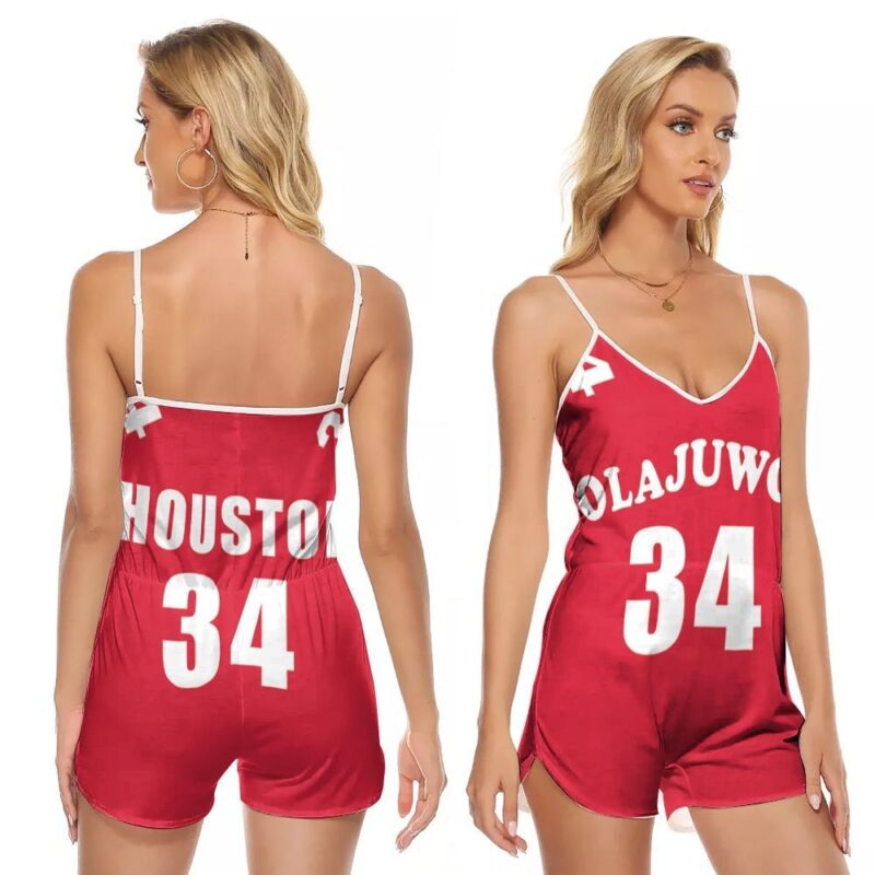 Houston Rockets Hakeem Olajuwon 34 NBA Basketball Hardwood Classics Jersey Red 2019 Gift For Rockets Fans V-neck Romper Jumpsuit RJ00668