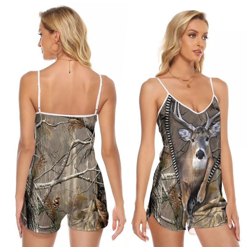 Hunt Deers Behind Zipper Camouflage Gift For Deer Hunter Hunting Fans Deer Hunter Hunting Lovers V-neck Romper Jumpsuit RJ00613