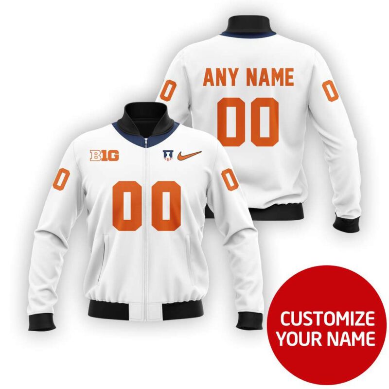 Illinois Fighting Illini #00 Personalized White Jersey Style Gift With Custom Number Name For Illinois Fans Bomber Jacket BJ03746