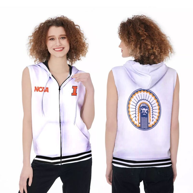 Illinois Fighting Illini Ncaa Classic White With Mascot Logo Gift For Illinois Fighting Illini Fans Zip Sleeveless Hoodie ZSH0370