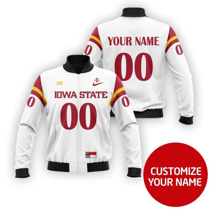 Iowa State Cyclones #00 Personalized White Jersey Style Gift With Custom Number Name For Iowa State Fans Bomber Jacket BJ03709