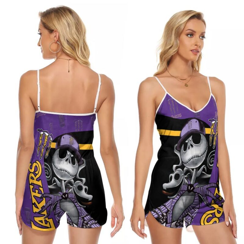 Jack Skellington Mosnter Energy Los Angeles Lakers NBA Basketball Team Logo Gift For Lakers Fans V-neck Romper Jumpsuit RJ00772