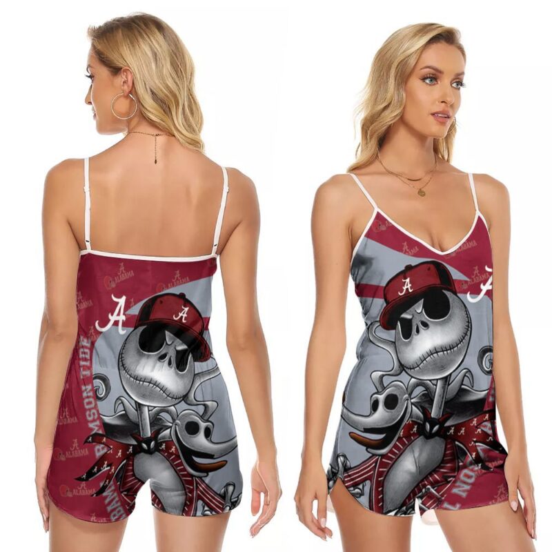 Jack skellington and zero with alabama crimson tide logo 3d designed for alabama crimson tide fan V-neck Romper Jumpsuit RJ00898