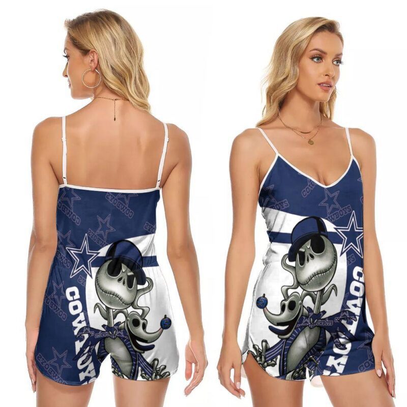 Jack skellington mashup dallas cowboys logo halloween 3d designed for dallas cowboys fan V-neck Romper Jumpsuit RJ01240