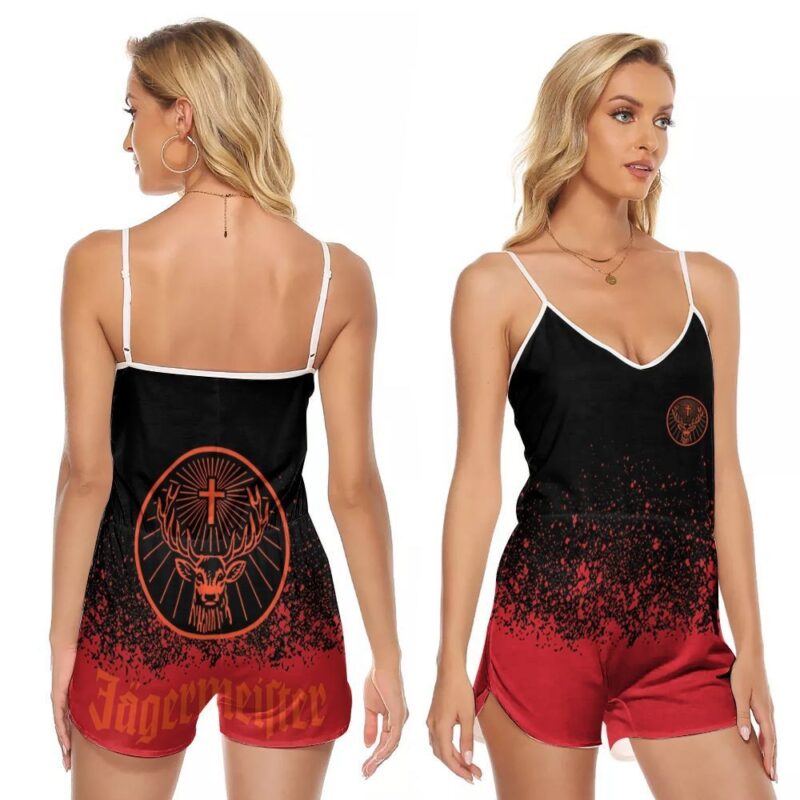 Jagermeister logo red jesus cross 3d designed for Jagermeister wine drinking lovers V-neck Romper Jumpsuit RJ01544