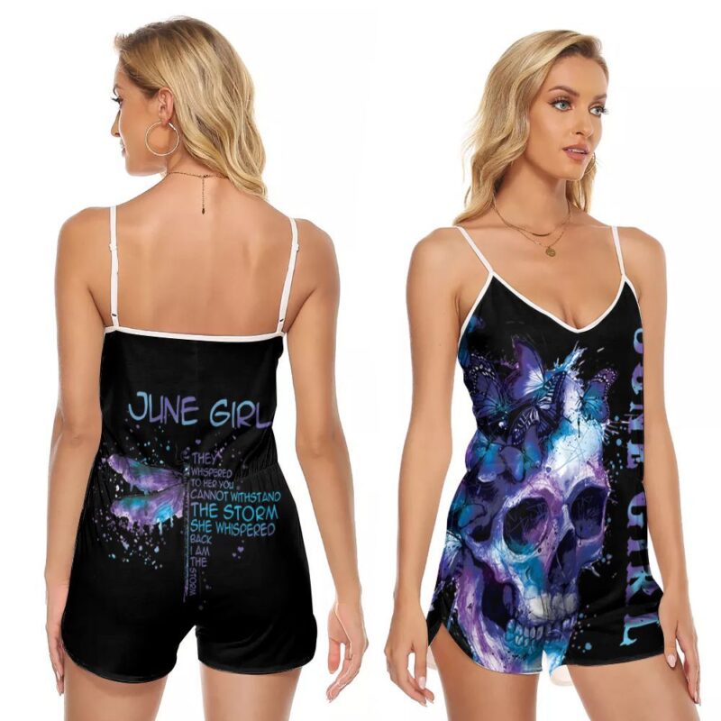 June girl skull they whispered to her you cannot withstand storm i am storm butterfly 3d designed for june girls V-neck Romper Jumpsuit RJ00585