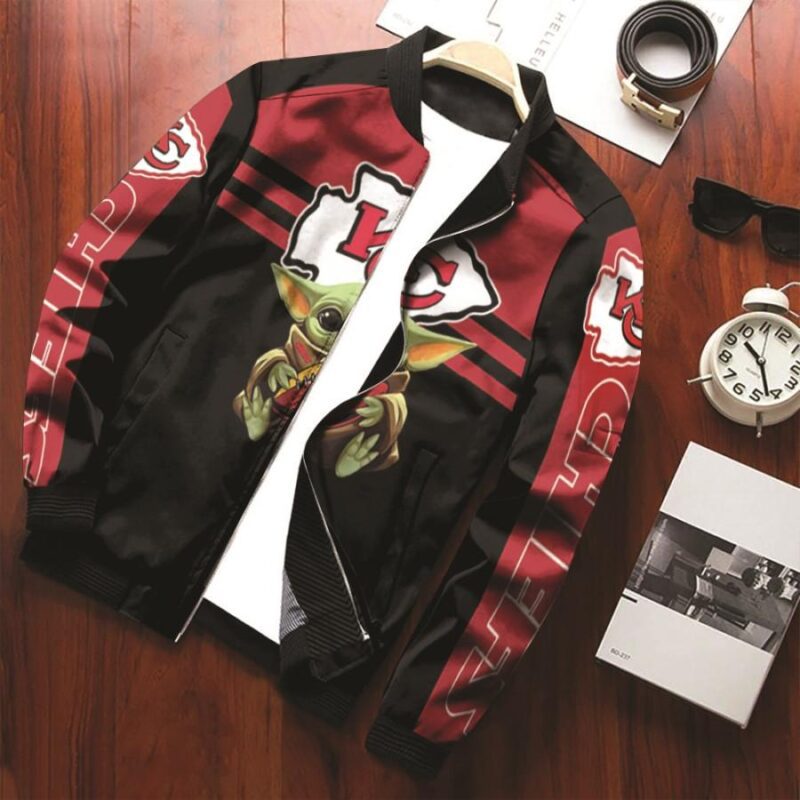 Kansas City Chiefs Baby Yoda Hug Chiefs Ball Logo Gift With Custom Name And Number For Chiefs Fans Bomber Jacket BJ00704