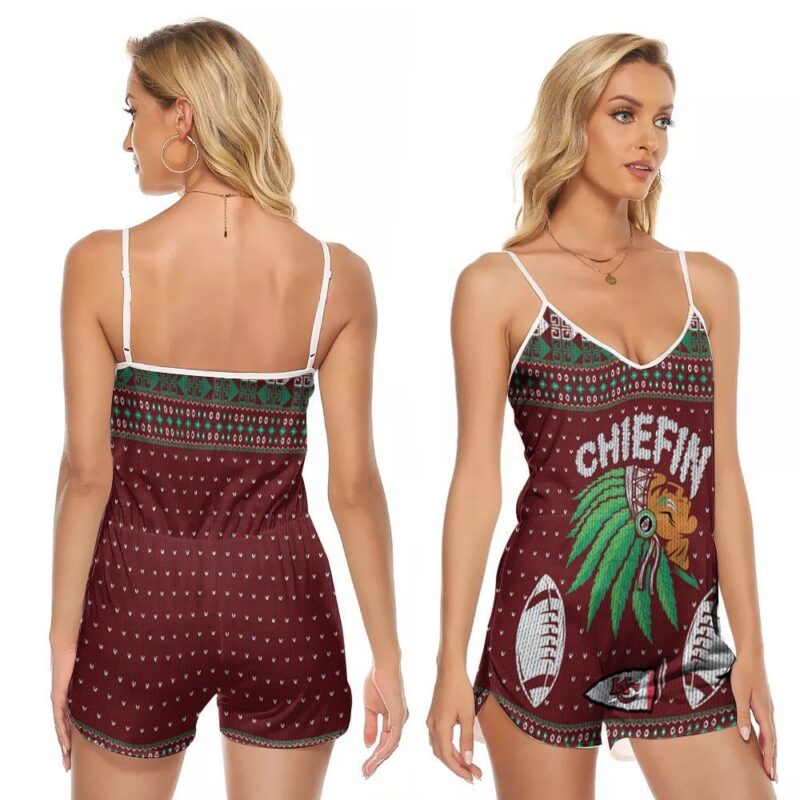 Kansas City Chiefs Chiefin Christmas NFL Team Logo Gift For Chiefs Fans Christmas Holiday V-neck Romper Jumpsuit RJ00698
