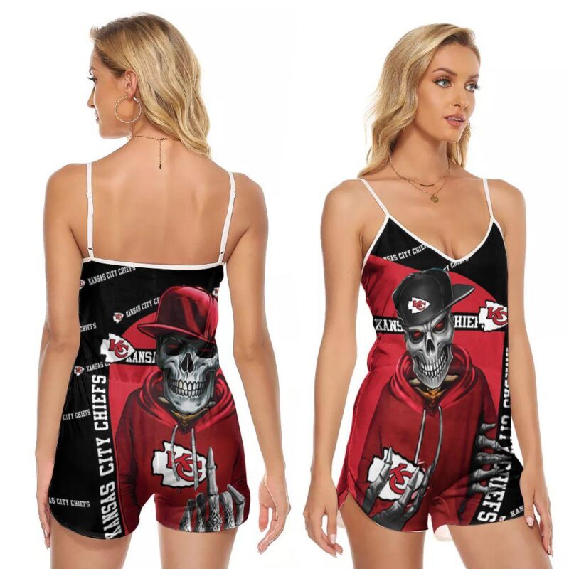 Kansas City Chiefs hip hop skull cool logo snapback hoodie 3d designed for Kansas City Chiefs fan V-neck Romper Jumpsuit RJ00747